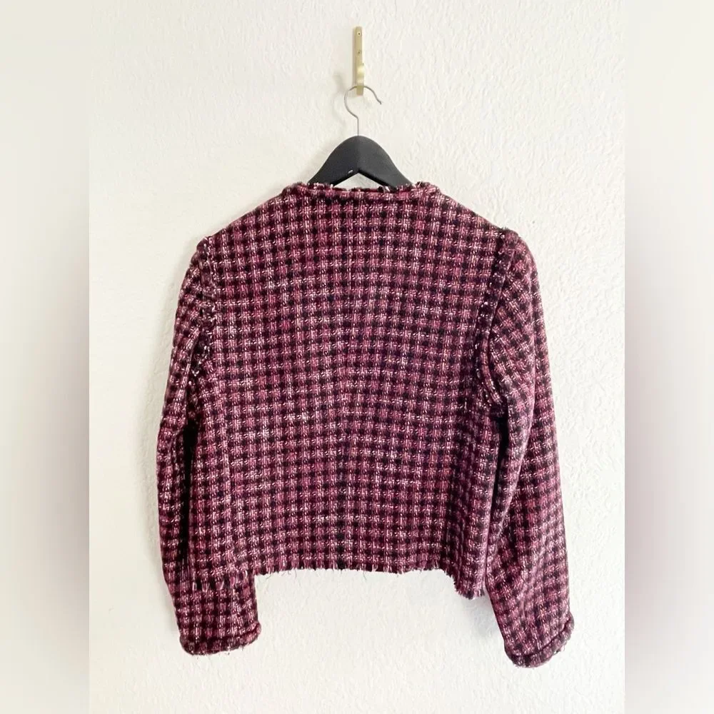 Hugo Boss Johella Modern Tweed Cotton Blend Jacket Burgundy & Black crop blazer - Picture 4 of 8